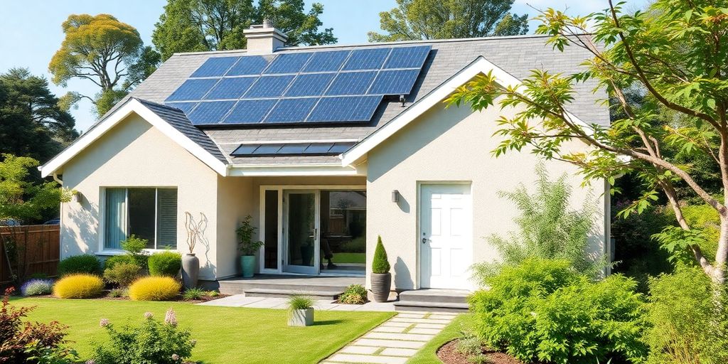 Eco-friendly home with solar panels and green landscaping.