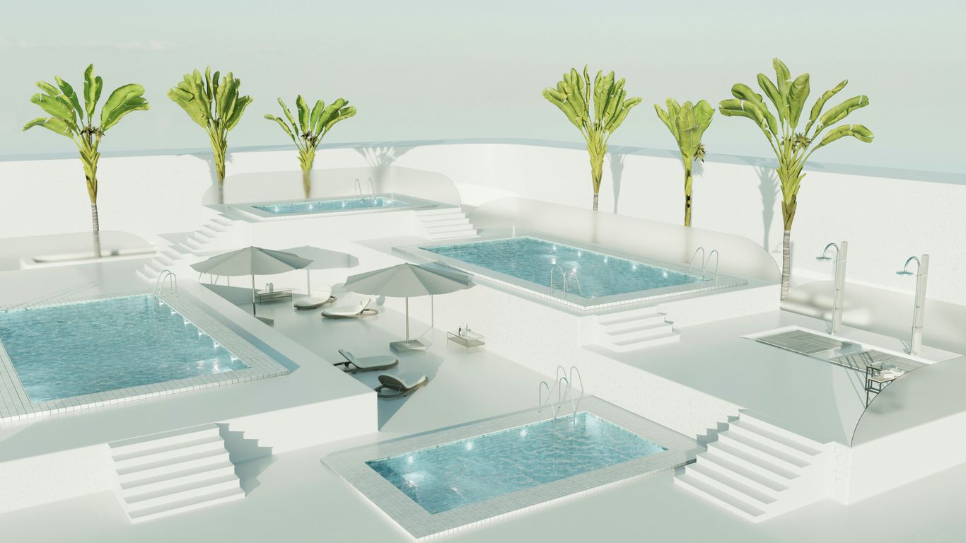 A rendering of a swimming pool with palm trees